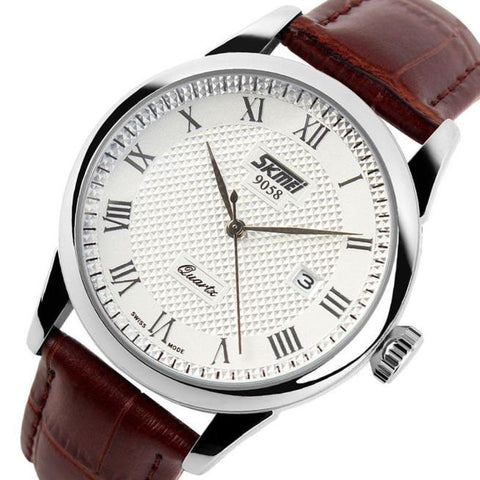 Men's Leather Calendar Stell Dial Quartz Analog Watch